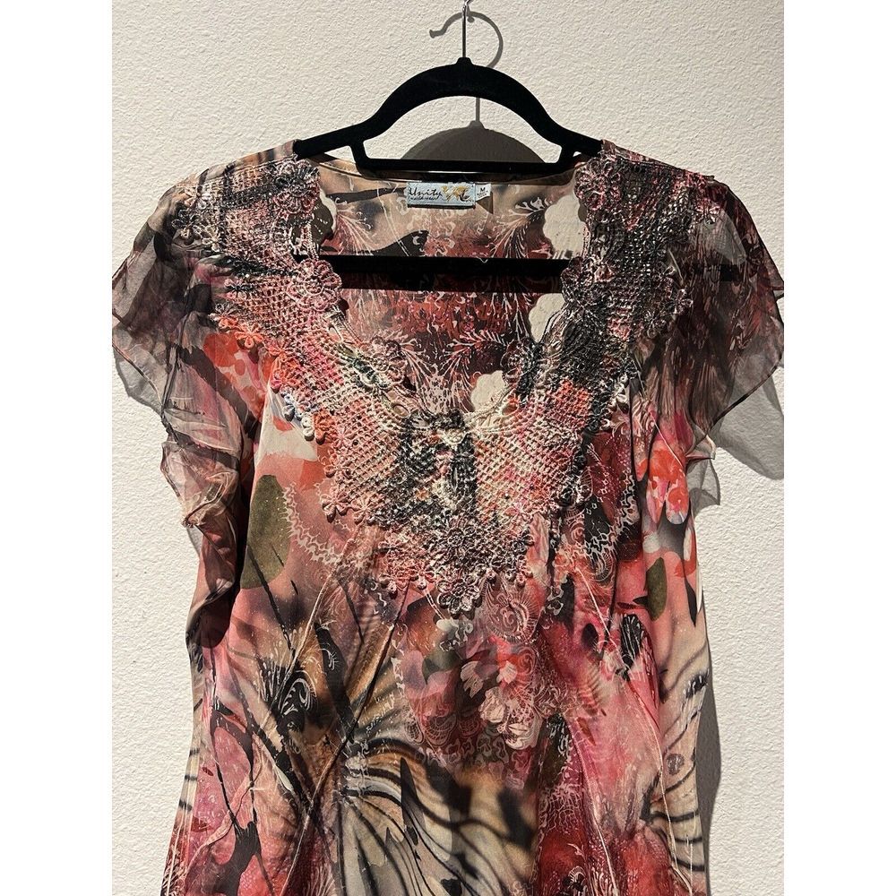 Unity World Women's Moody‎ Fairy Grunge Size M Floral Cap Sleeve Rhinestone Y2K - Picture 8 of 9